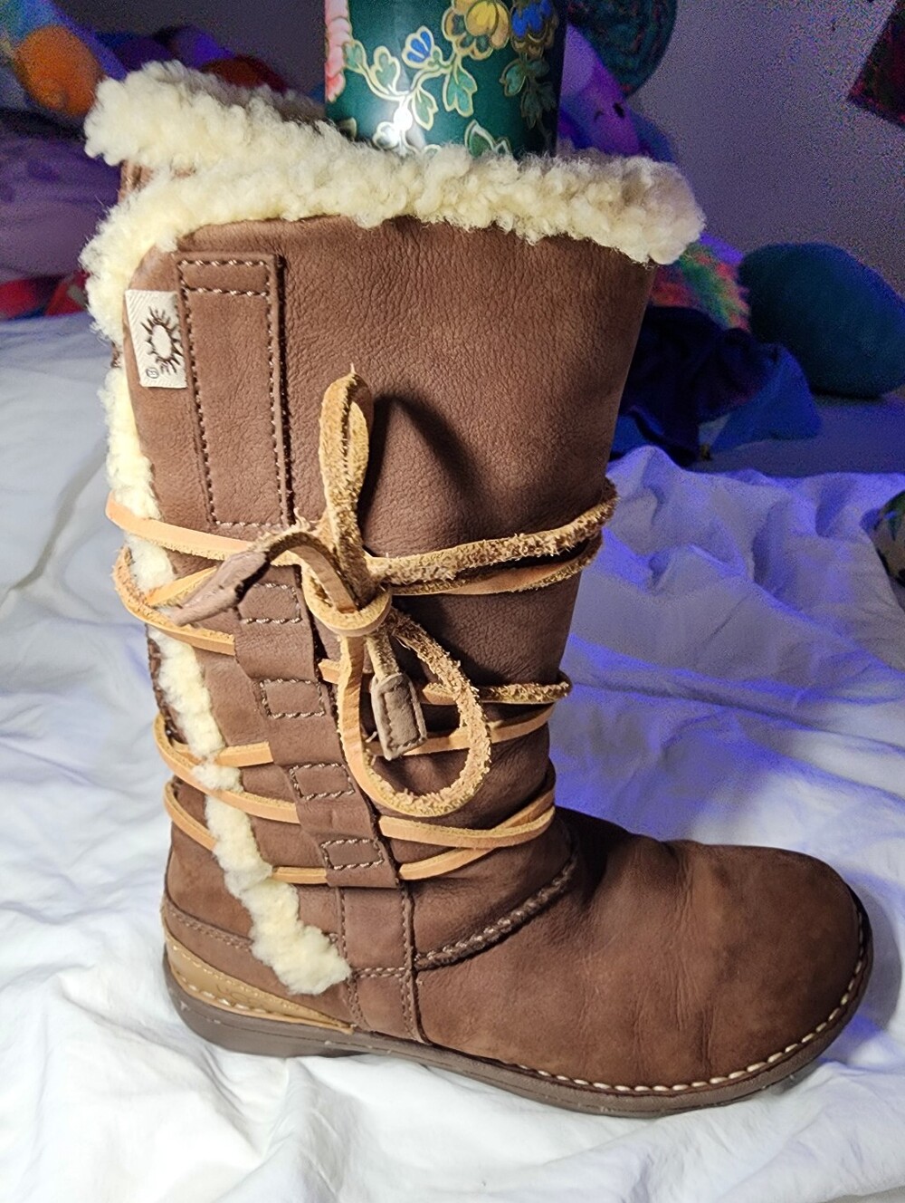 UGG Catalina Brown Suede Leather Tall Wrap Boot - Shearling Lining - Authenic